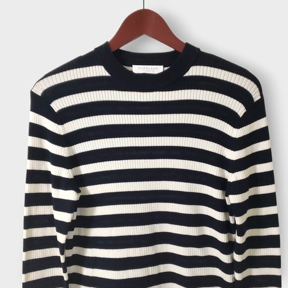 Everlane The Brenton Ribbed Crewneck Sweater Navy Blue White Stripe Sz Large - Picture 2 of 13
